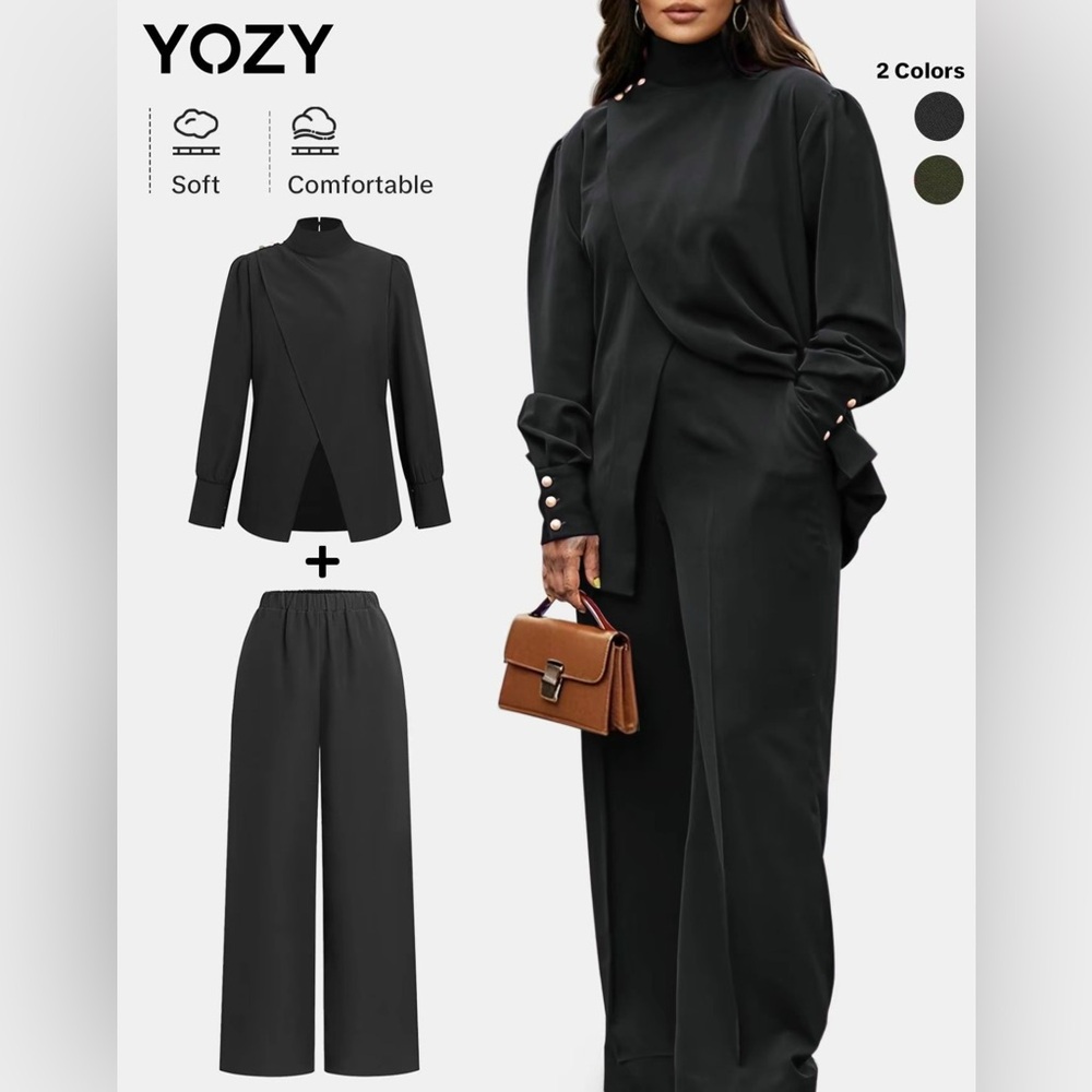 Two-Piece Set Women's Solid Button Keyhole Neck Top & Elastic Waist Pants (B)